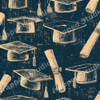 Vintage graduation pattern featuring hand-drawn cream mortarboards and diplomas on a distressed navy background.