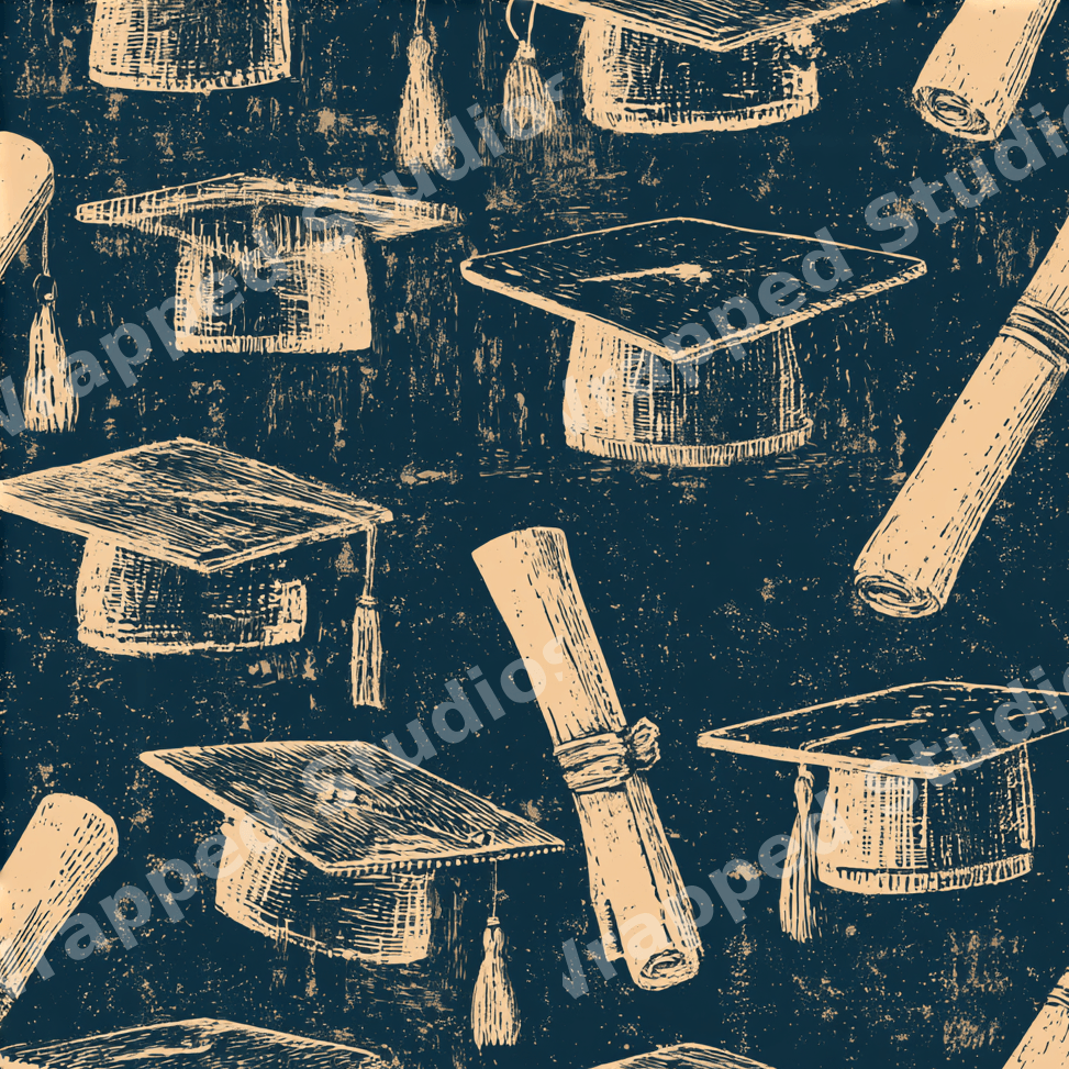 Vintage graduation pattern featuring hand-drawn cream mortarboards and diplomas on a distressed navy background.
