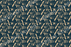 Vintage graduation pattern of hand-drawn cream caps and diploma scrolls on a dark navy background.