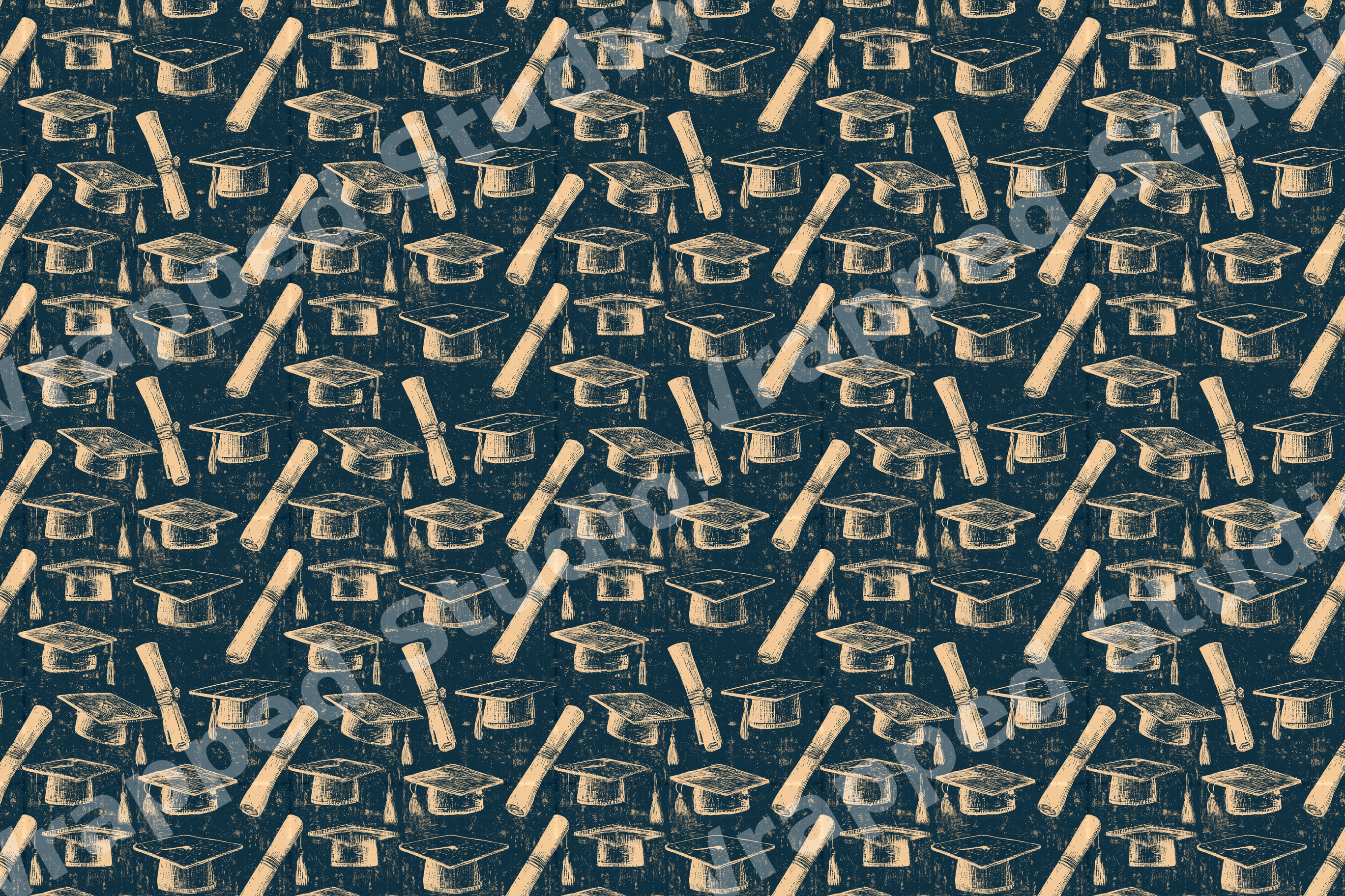 Vintage graduation pattern of hand-drawn cream caps and diploma scrolls on a dark navy background.