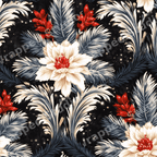 Vintage botanical design with elegant cream flowers, red berries, and blue-grey pine branches on black.