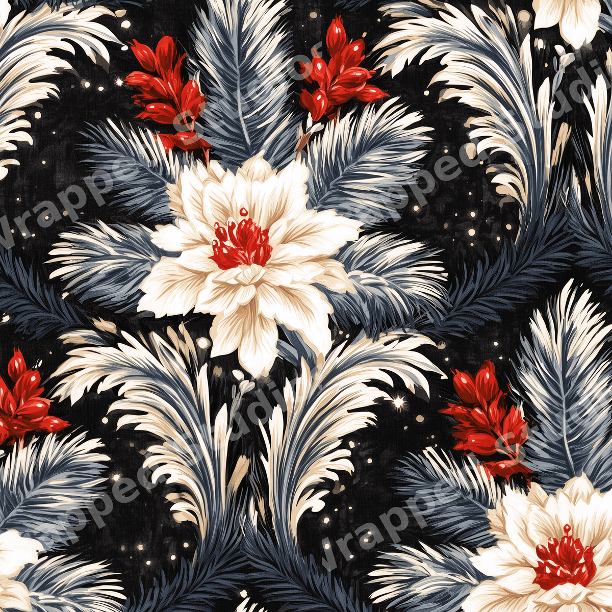 Vintage botanical design with elegant cream flowers, red berries, and blue-grey pine branches on black.