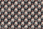 Elegant vintage botanical pattern with cream flowers and red berries on a dark navy background.