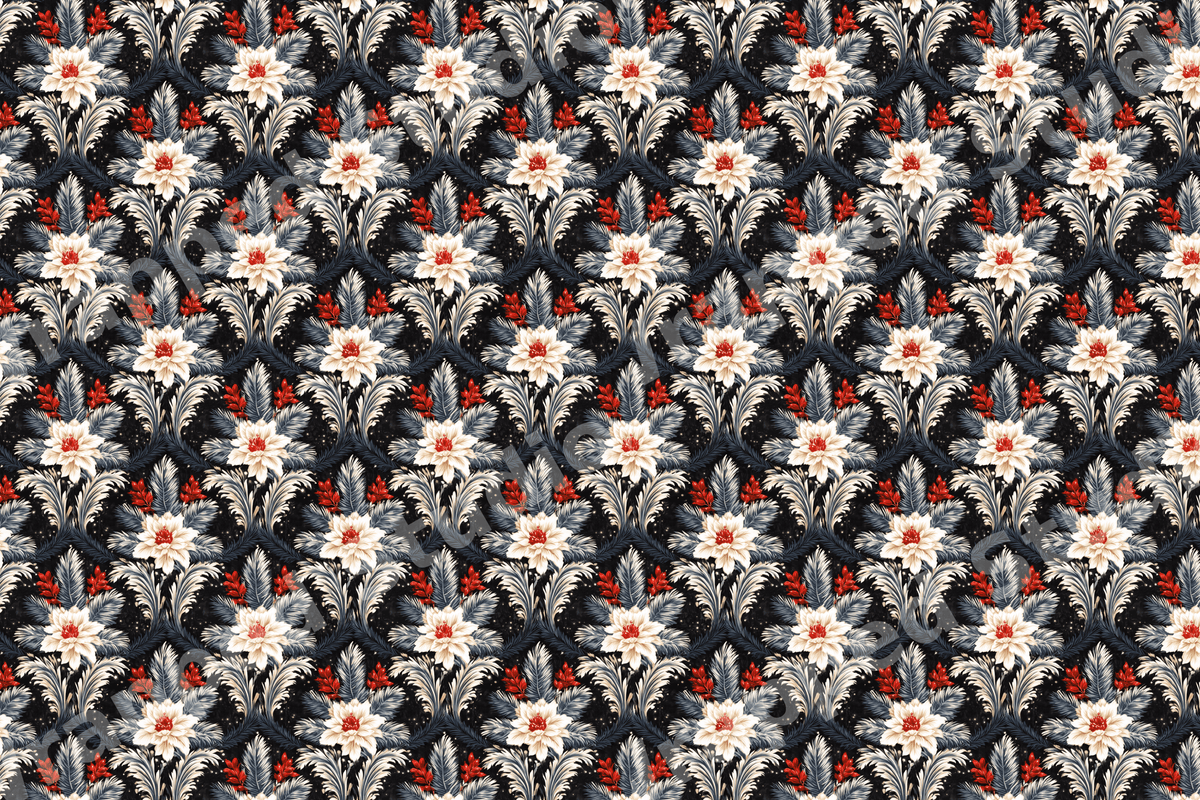 Elegant vintage botanical pattern with cream flowers and red berries on a dark navy background.