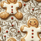 Festive Christmas pattern with gingerbread men and red berries among elegant vintage botanical illustrations.