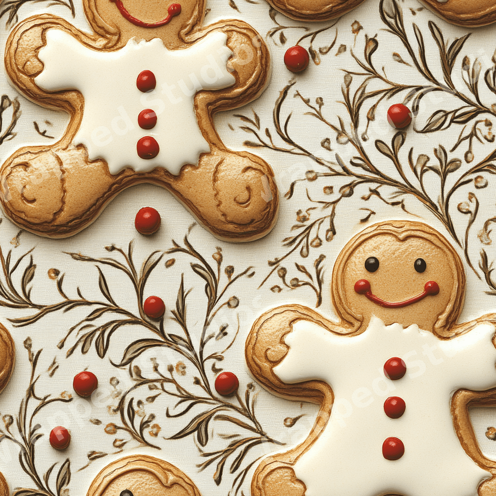 Festive Christmas pattern with gingerbread men and red berries among elegant vintage botanical illustrations.