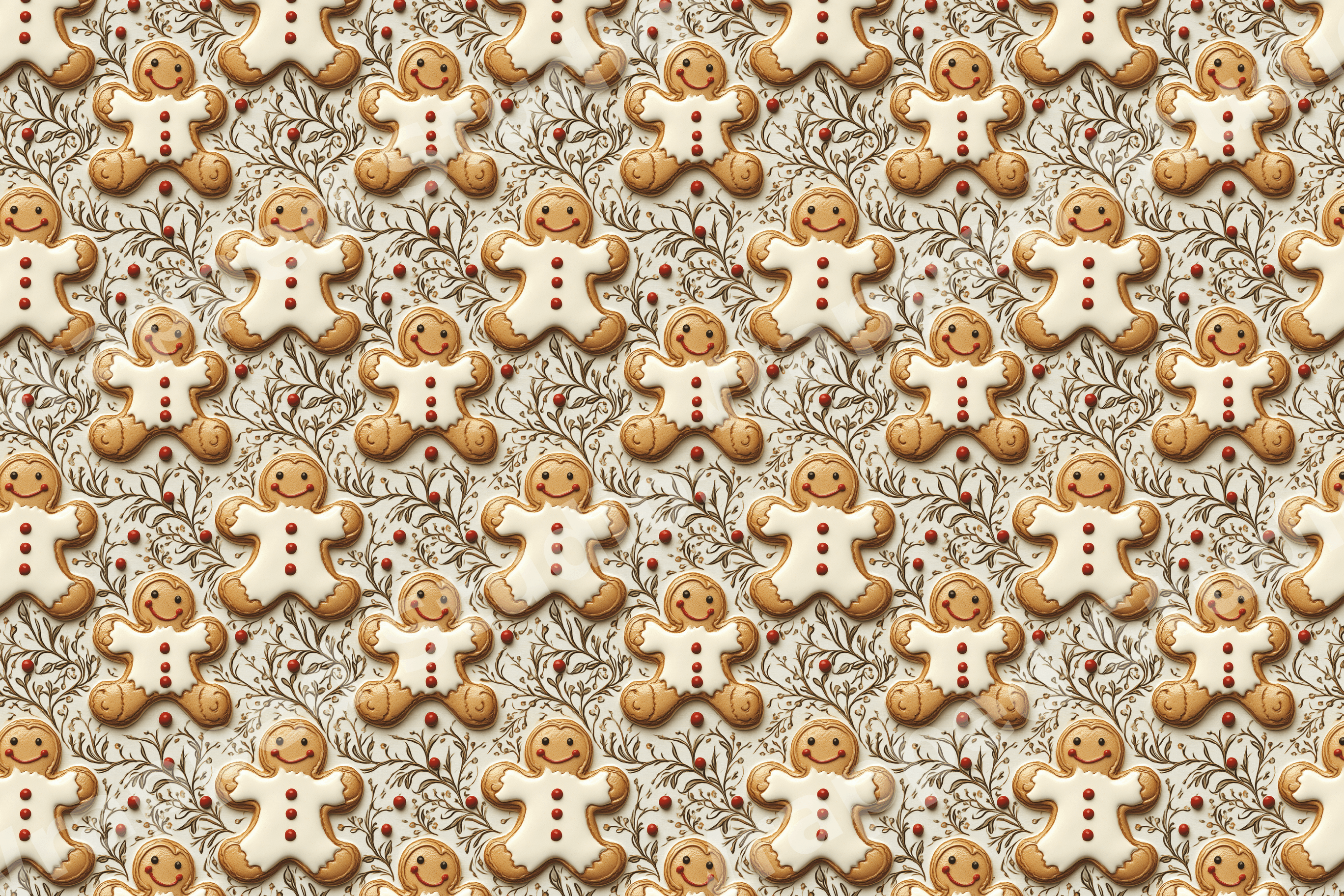 Vintage botanical holiday pattern featuring decorated gingerbread man cookies on a cream background.