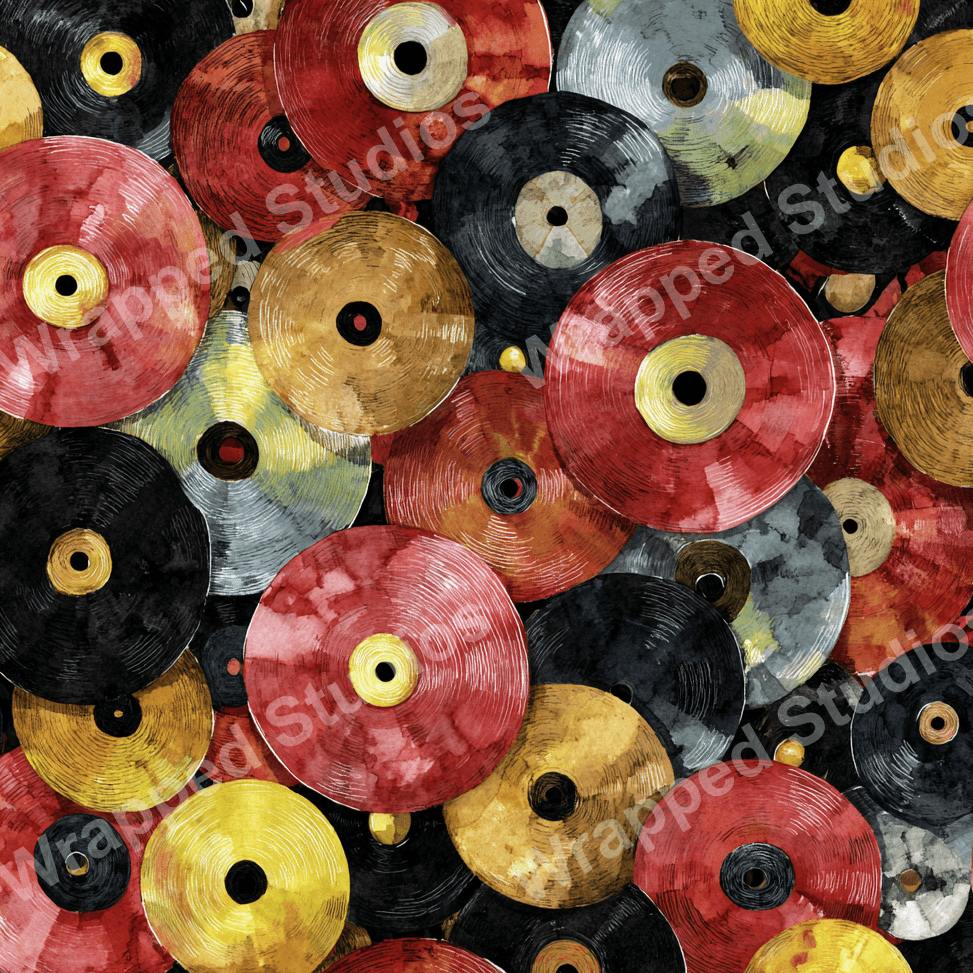 Seamless pattern of overlapping watercolor vinyl records in red, gold, and black.