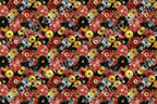 Seamless pattern of stylized vinyl records in shades of red, black, gold, and gray.