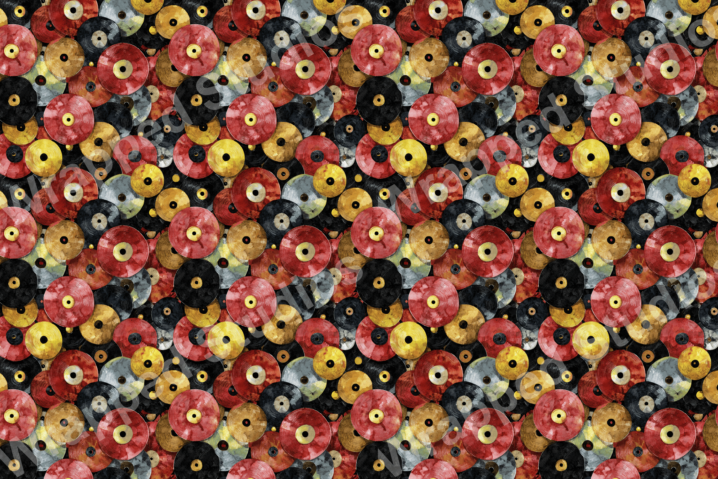 Seamless pattern of stylized vinyl records in shades of red, black, gold, and gray.