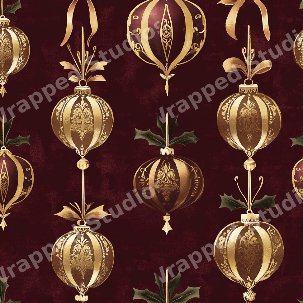 Elegant vintage Christmas pattern featuring gold ornaments on a deep burgundy background.