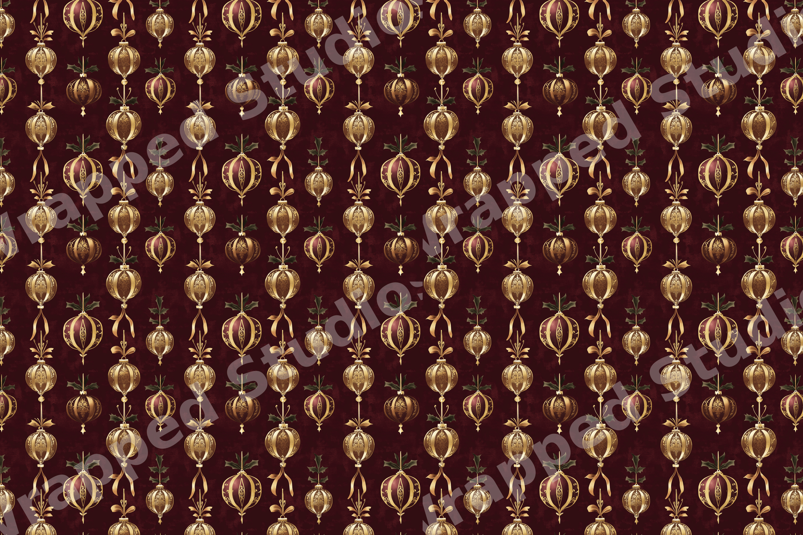 Elegant vintage Christmas pattern featuring ornate gold ornaments on a deep burgundy background.