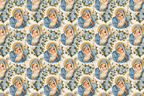 Vintage Madonna and Child pattern with elegant blue rose bouquets on a cream background.