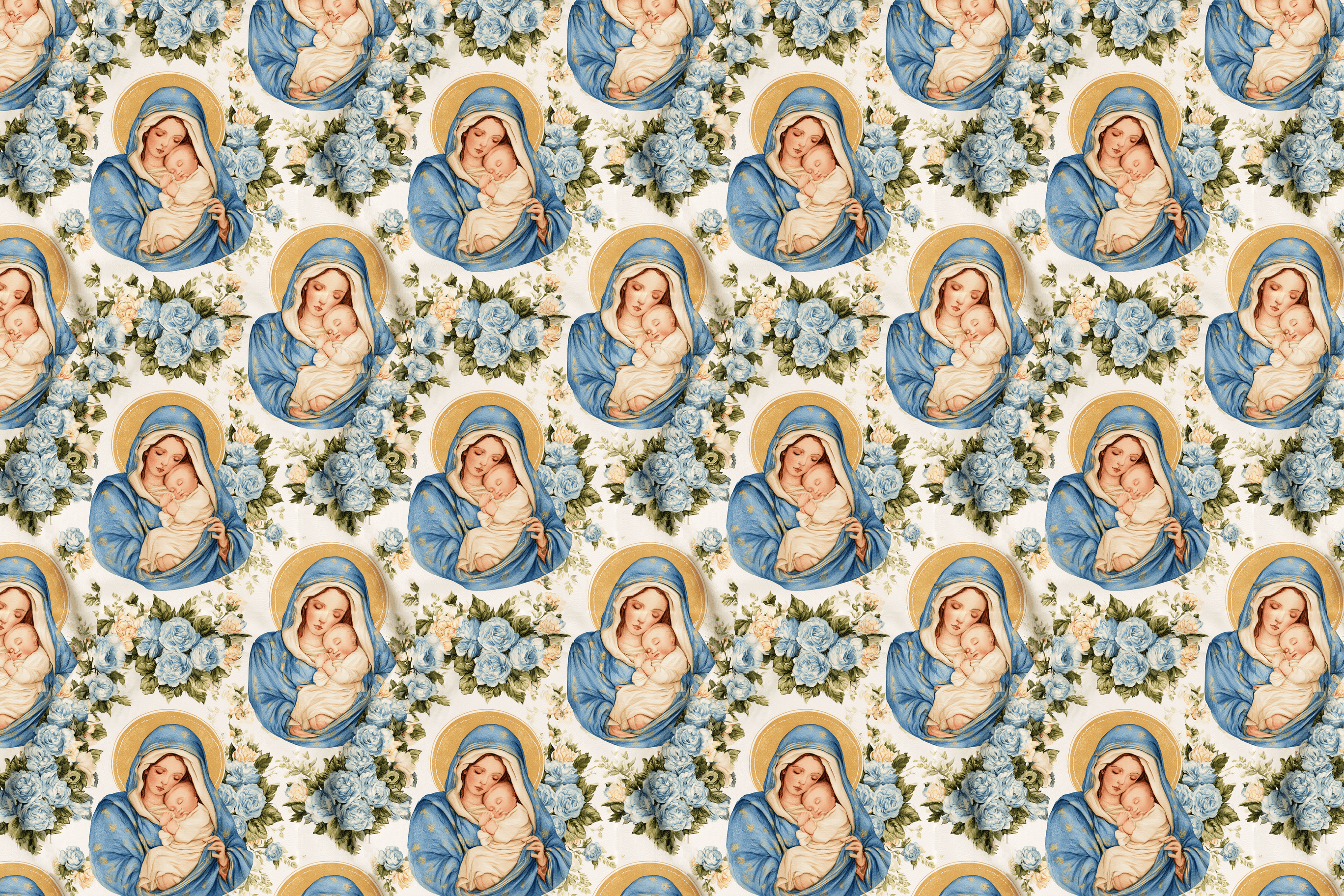 Vintage Madonna and Child pattern with elegant blue rose bouquets on a cream background.