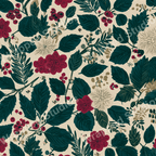 Dark green and burgundy floral pattern with leaves and berries on a light beige background.