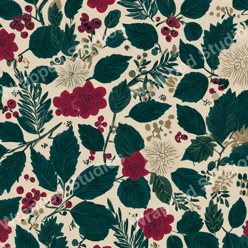 Dark green and burgundy floral pattern with leaves and berries on a light beige background.