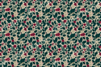 Seamless botanical pattern with dark green leaves, wine flowers, and cream blooms.