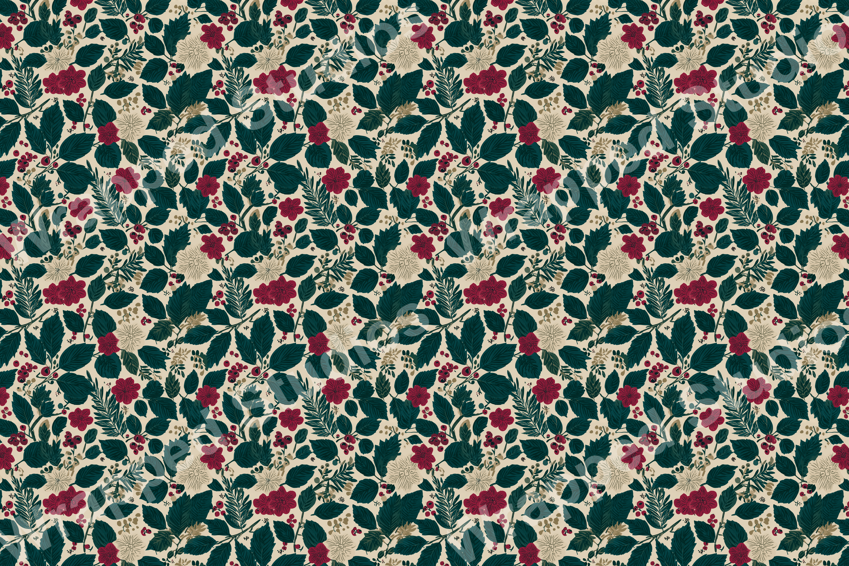 Seamless botanical pattern with dark green leaves, wine flowers, and cream blooms.