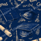 Vintage graduation pattern featuring hand-drawn navy blue mortarboard caps, diplomas, and botanical sketches.