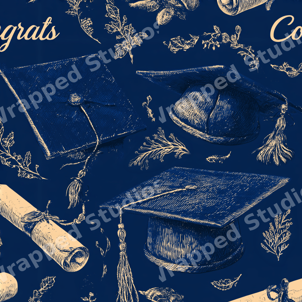 Vintage graduation pattern featuring hand-drawn navy blue mortarboard caps, diplomas, and botanical sketches.