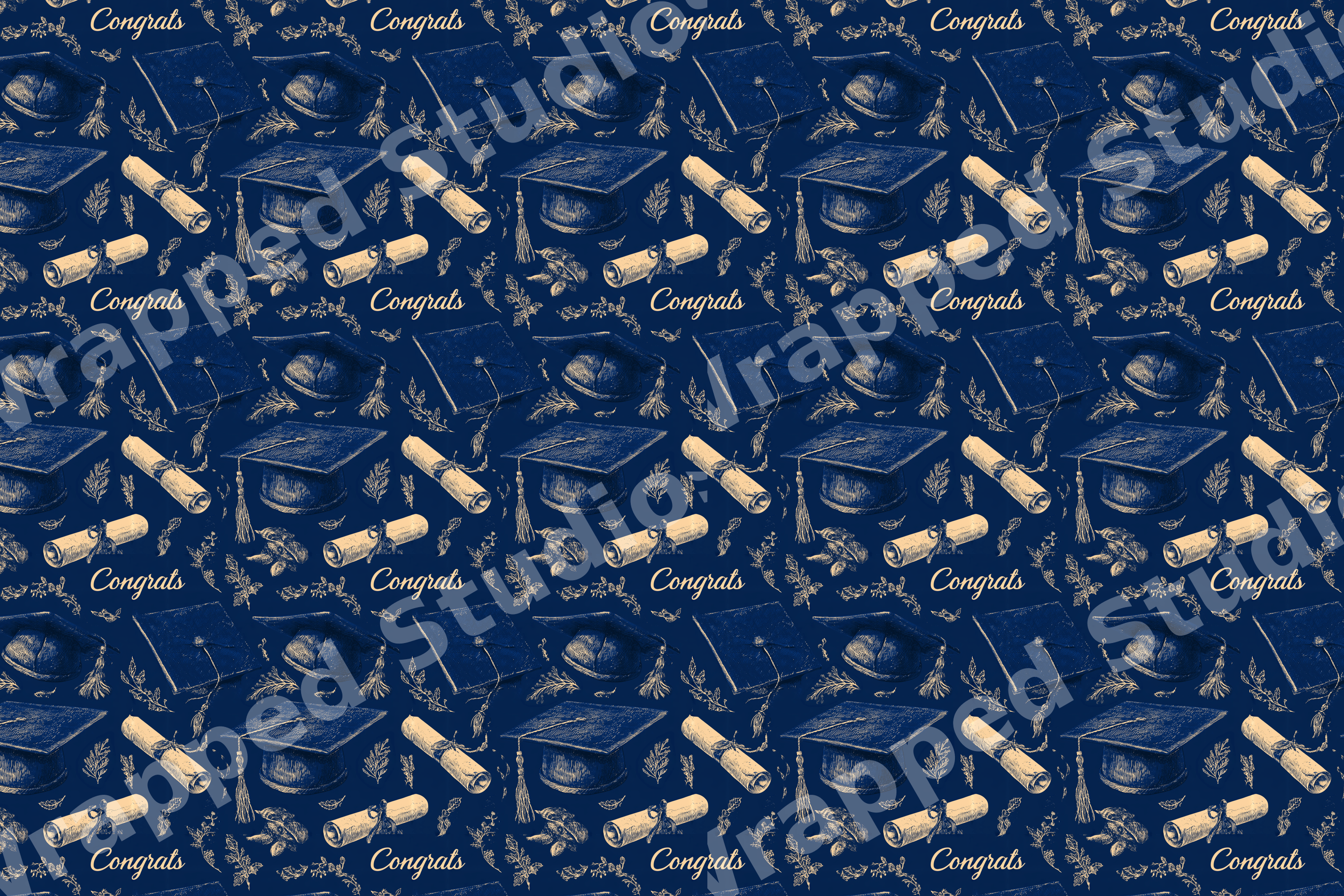 Elegant graduation pattern with hand-drawn gold caps, scrolls, and congrats text on a navy blue background.