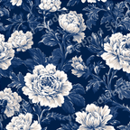 Elegant vintage botanical floral pattern featuring large white peonies on a dark navy blue background.