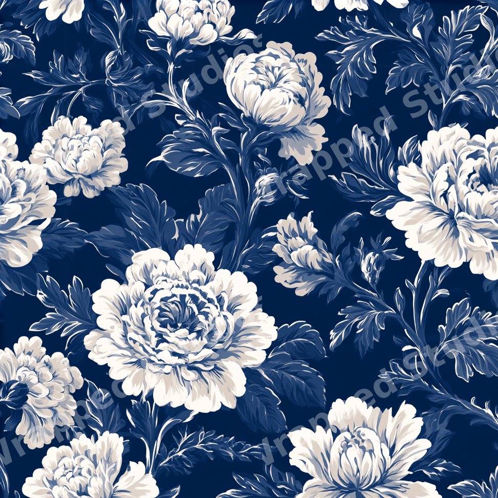 Elegant vintage botanical floral pattern featuring large white peonies on a dark navy blue background.