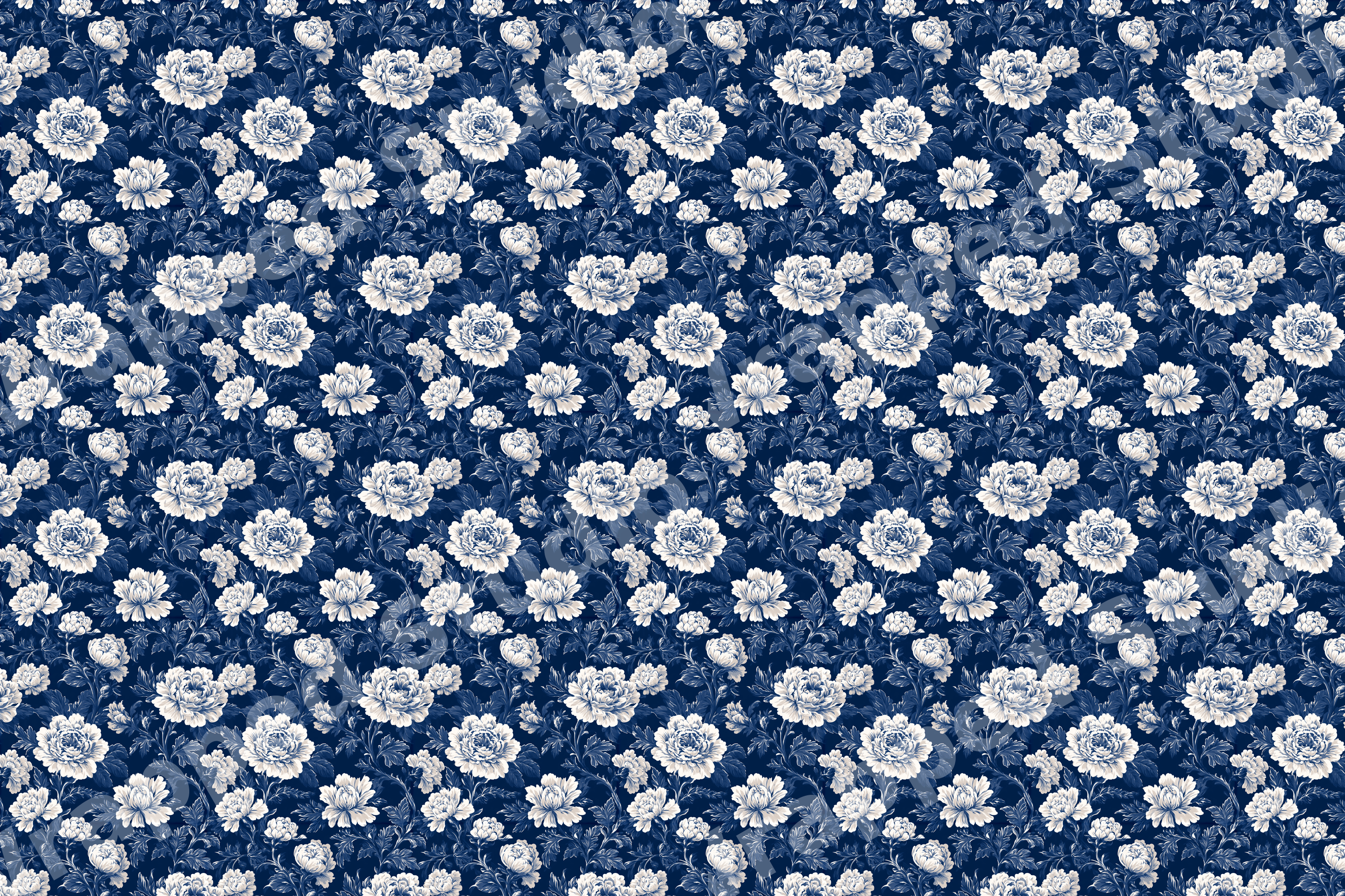 Elegant vintage botanical floral pattern featuring white peonies on a seamless navy blue background.