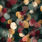 Moody botanical pattern with painted abstract eucalyptus leaves in gold, burgundy, and dark green.