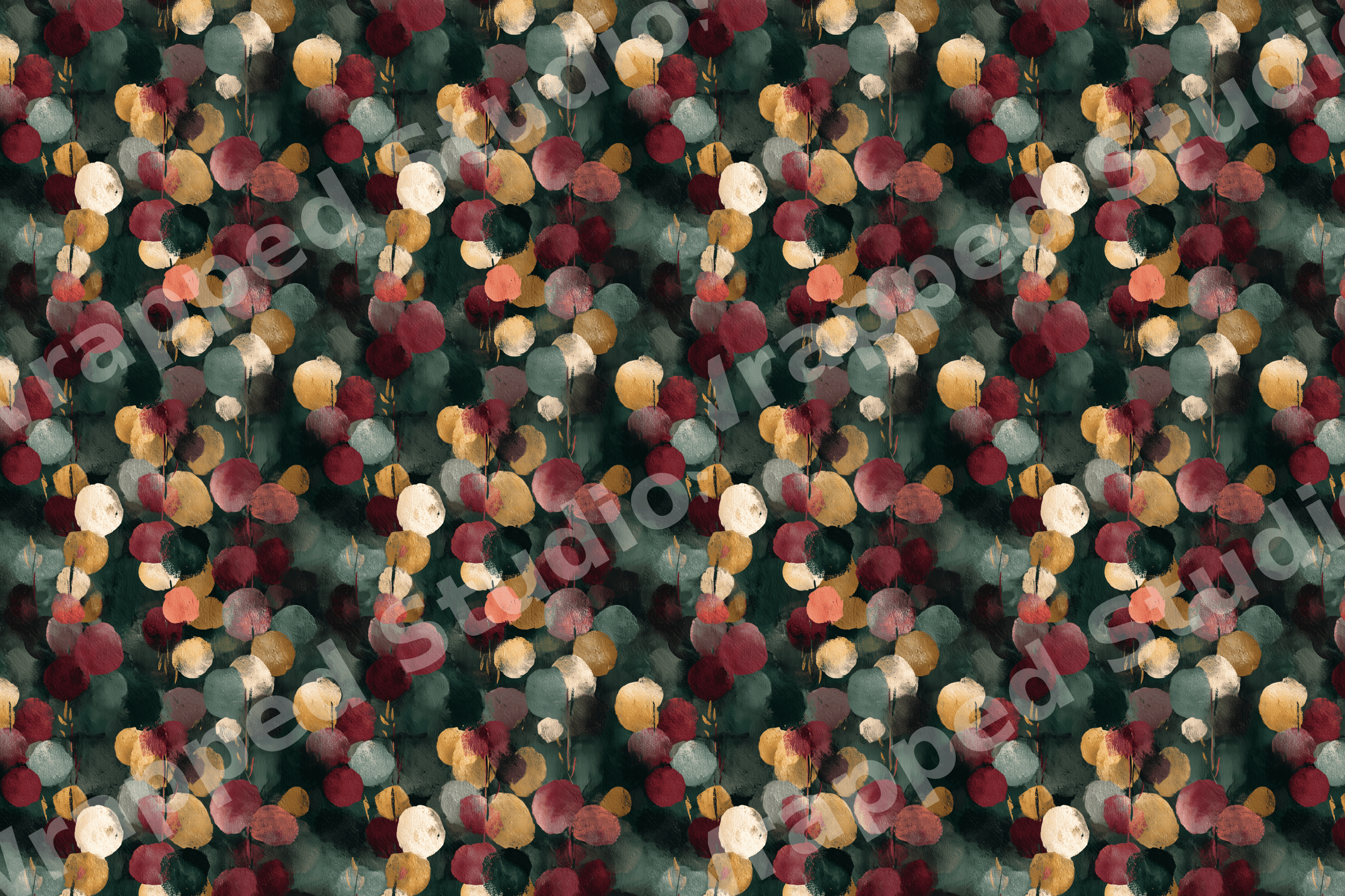 Moody vintage botanical pattern with gold and burgundy watercolor leaves on a dark green background.