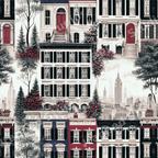 Vintage New York brownstone pattern with elegant townhouses, trees, and NYC skyline illustration.