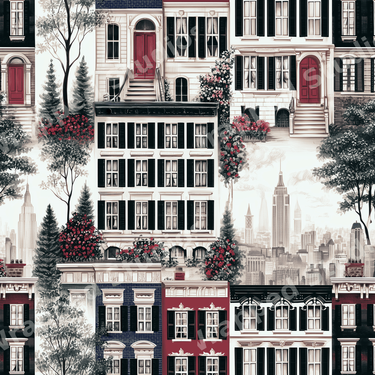 Vintage New York brownstone pattern with elegant townhouses, trees, and NYC skyline illustration.