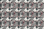 Classic NYC brownstone pattern with vintage townhouse illustrations in black, white, and red.