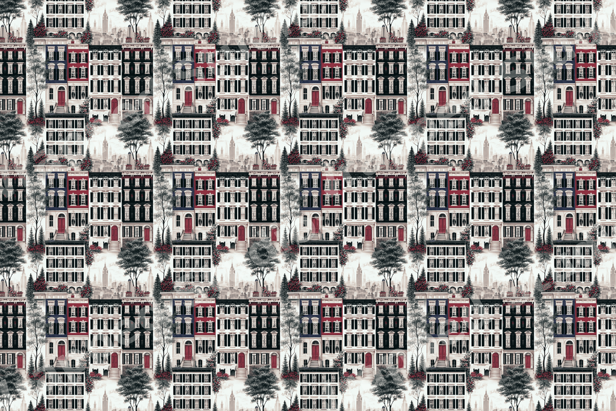 Classic NYC brownstone pattern with vintage townhouse illustrations in black, white, and red.