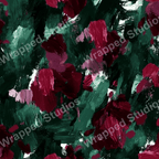 Painterly floral pattern with abstract brushstrokes in shades of burgundy, rose, and deep green.