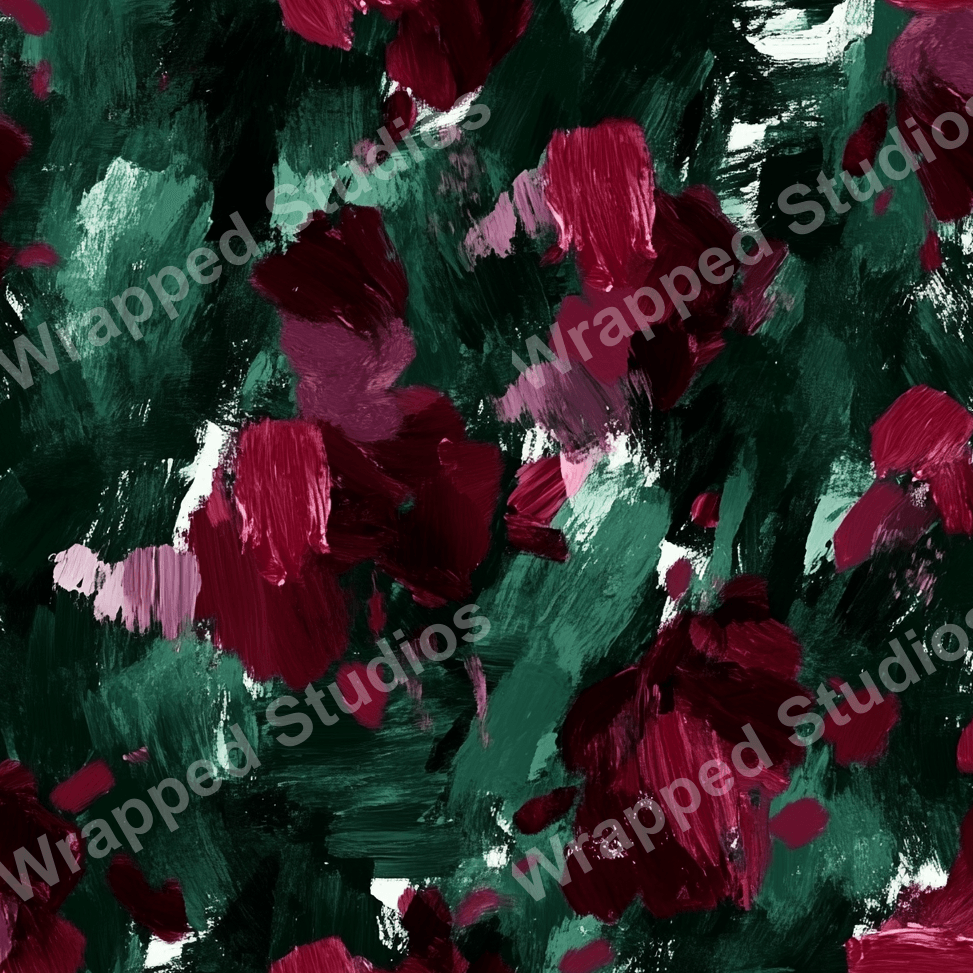 Painterly floral pattern with abstract brushstrokes in shades of burgundy, rose, and deep green.