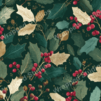 Elegant botanical pattern with holly leaves and berries in red, green, and gold tones.
