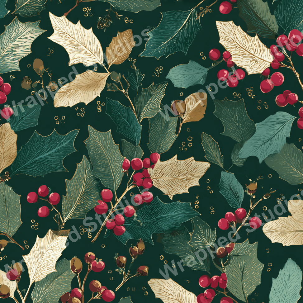 Elegant botanical pattern with holly leaves and berries in red, green, and gold tones.