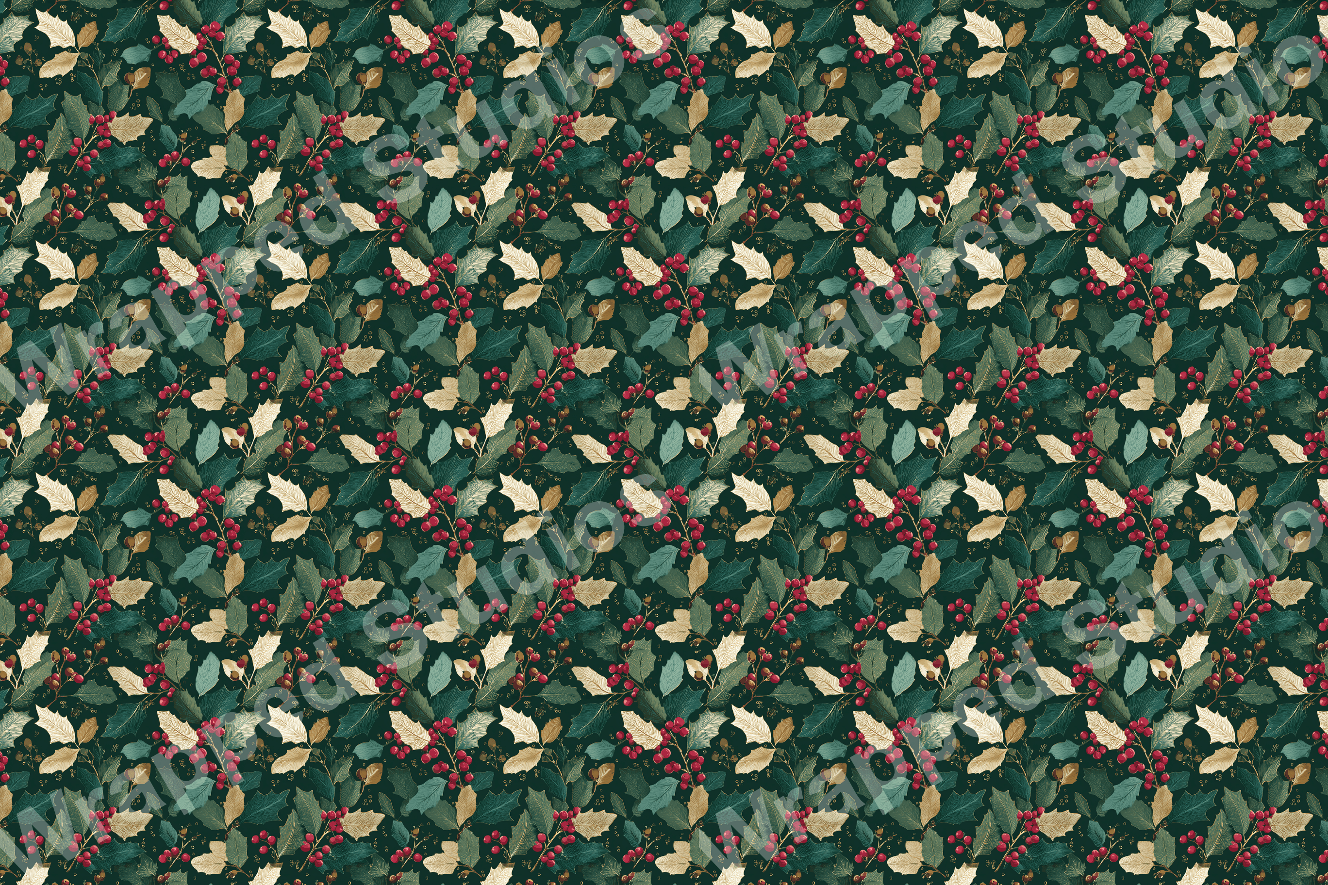 Elegant botanical pattern with holly leaves and berries on a deep green background.