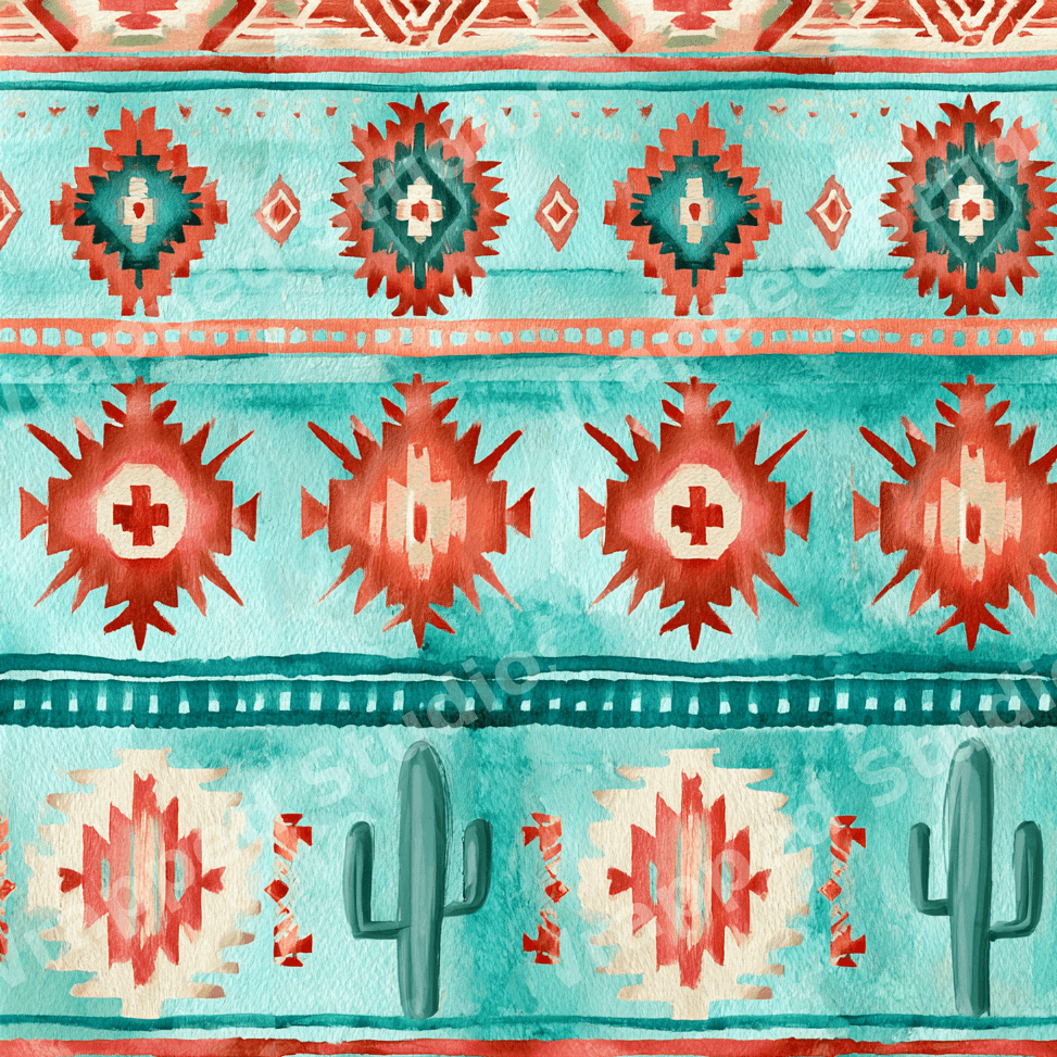 Watercolor southwest geometric pattern featuring teal and terracotta desert cacti motifs.