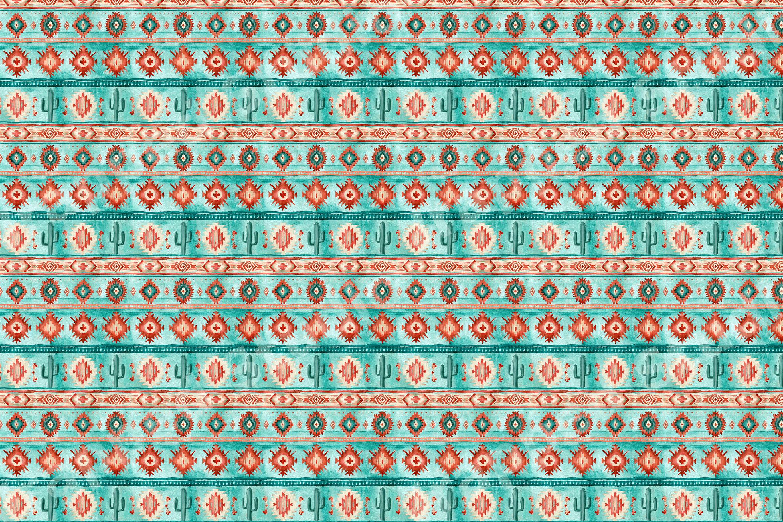 Watercolor southwestern pattern with saguaro cacti and tribal geometric motifs in teal and terracotta.