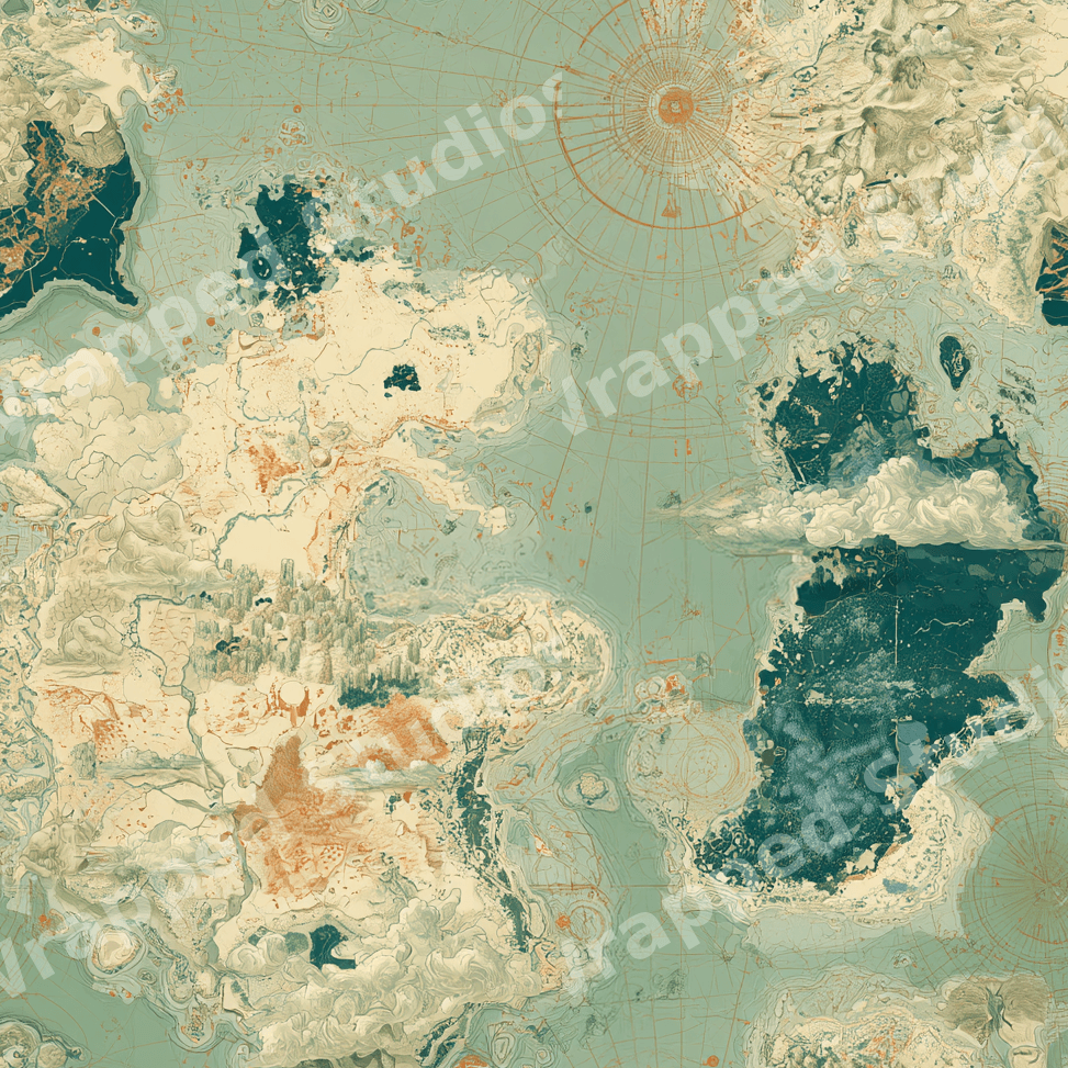 Vintage fantasy map seamless pattern with cream continents, teal oceans, and antique cartography details.