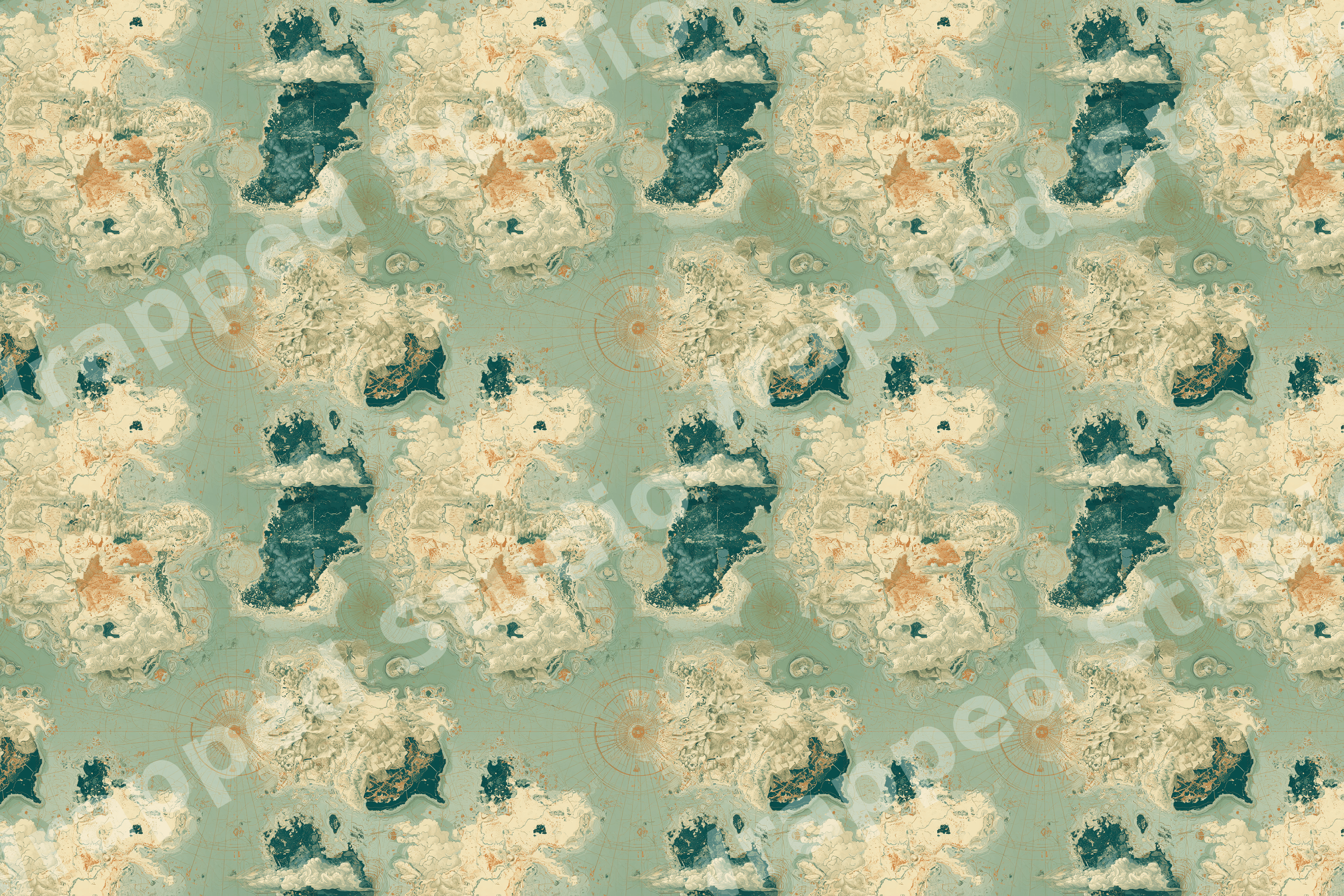 Vintage fantasy map pattern with cream continents and antique nautical details on a sage green background.