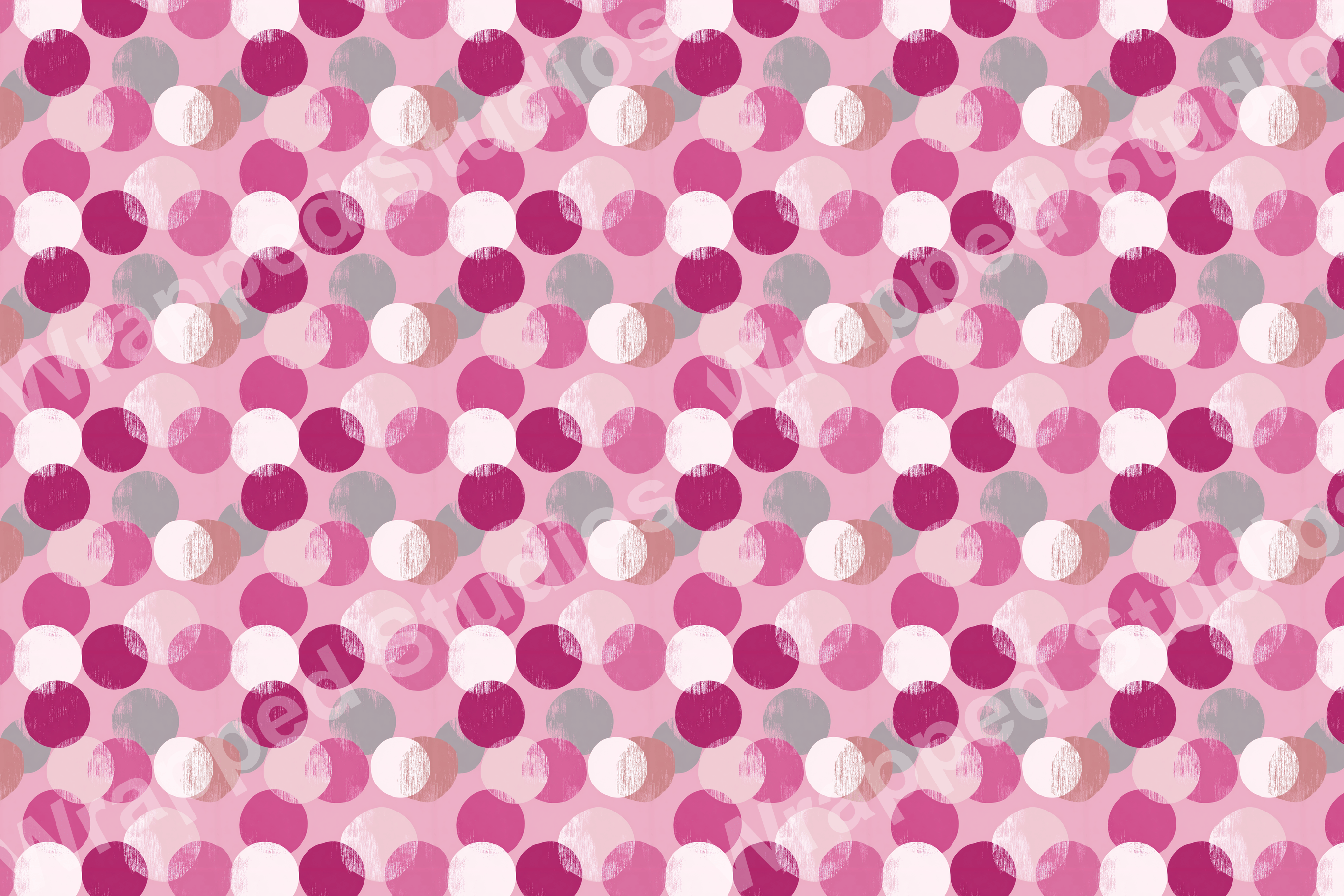 Overlapping circles create a modern geometric pattern in shades of pink, magenta, white, and gray.