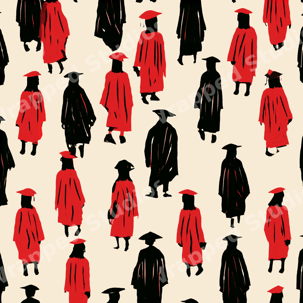 Seamless graduation pattern with hand-drawn red and black graduates on a cream background.
