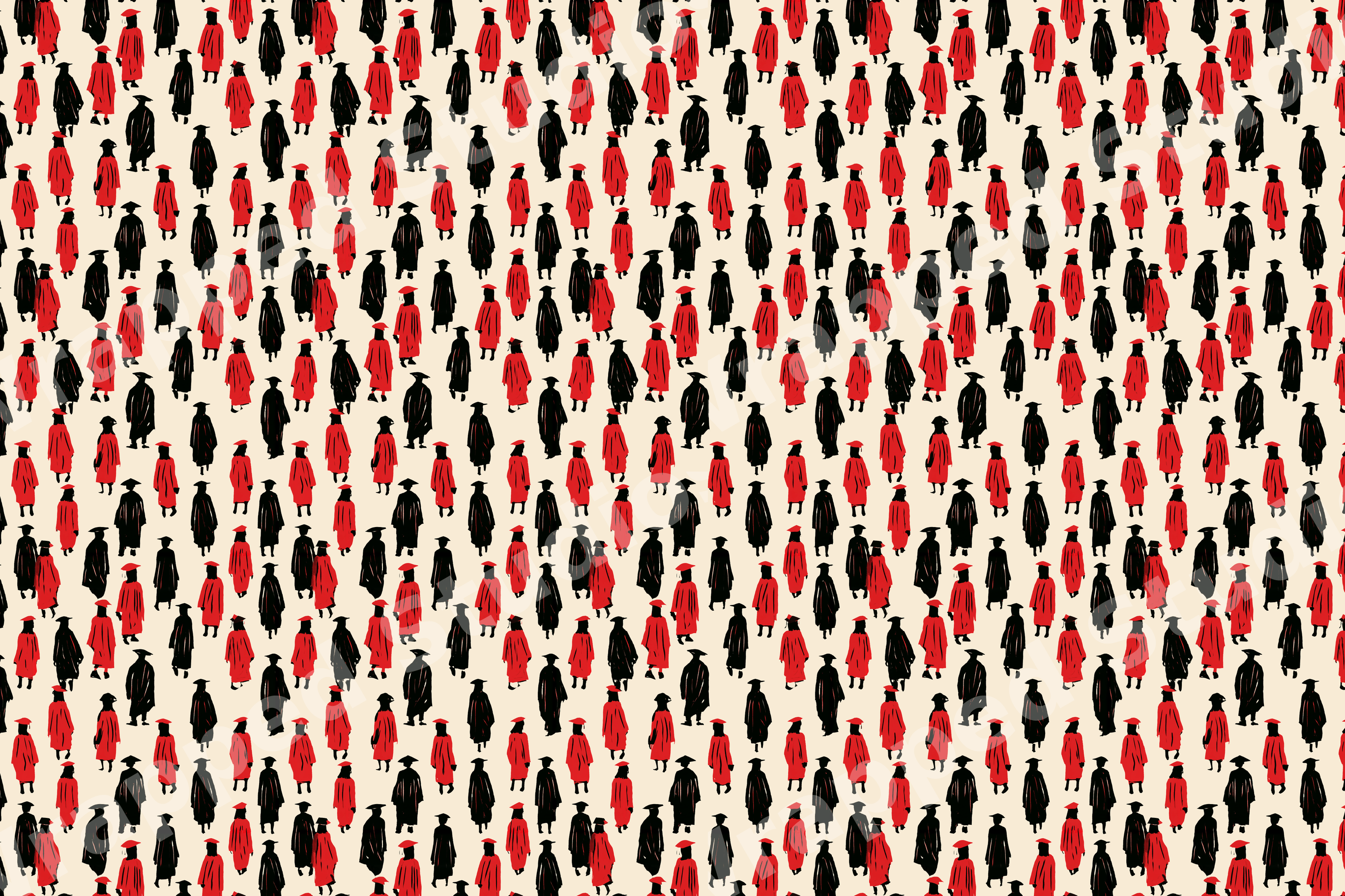 Seamless graduation pattern featuring hand-drawn graduates in red and black gowns on cream.