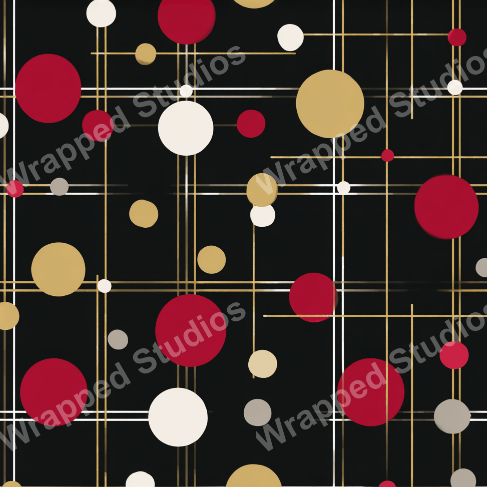 Modern geometric pattern with red, gold, and white circles on a black grid.