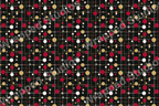 Modern geometric pattern with red, beige, and white circles on a black grid background.
