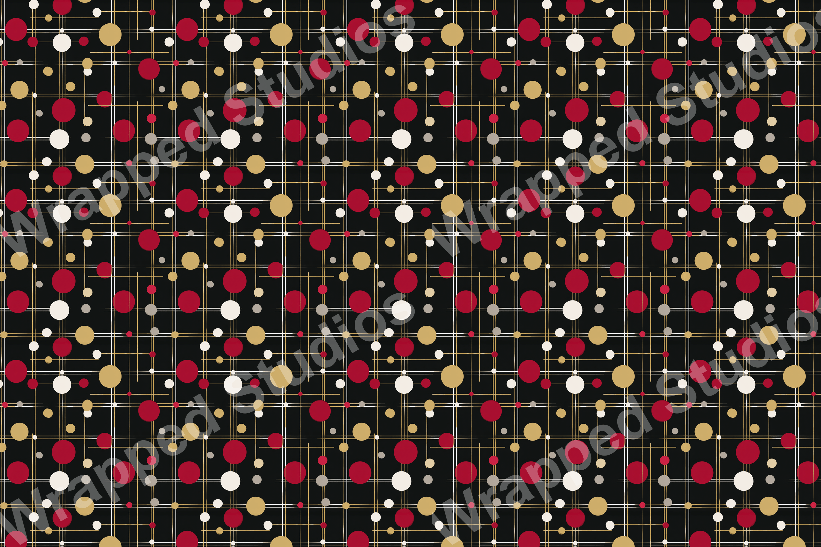Modern geometric pattern with red, beige, and white circles on a black grid background.