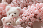 Cute teddy bear and pink cherry blossom floral pattern in a whimsical pastel style.